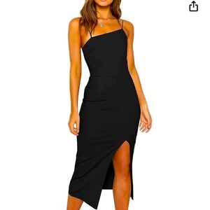 Lyaner asymmetrical spaghetti strap split hem sleeveless zipper bodycon dress